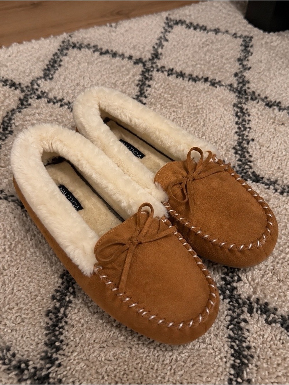 Nautica Chestnut Suede Faux-Fur Lined Moccasin Slippers